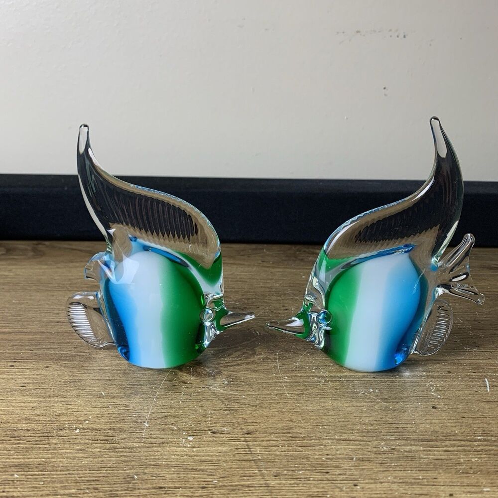 Hand Blown Art Glass Fish 2 Figurines Clear Blue Green Glossy Paperweight READ